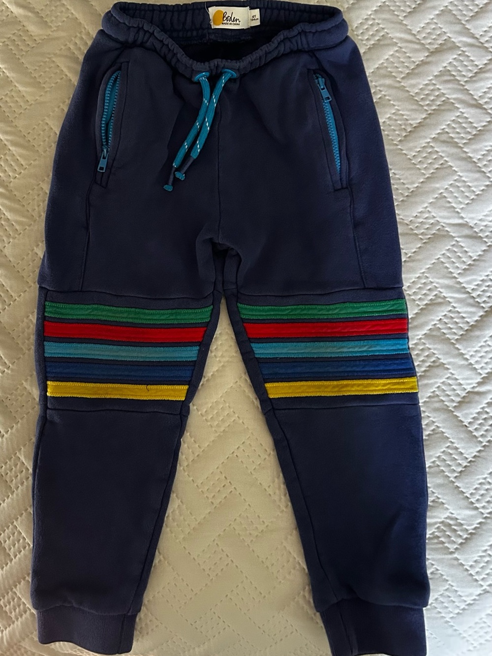 Boden Navy Joggers with Multicolor Knee Stripes 4T